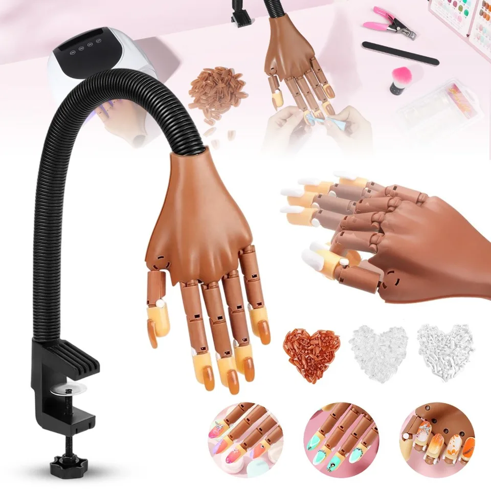 Mano Protésica Modelo, Mano de Práctica de Arte de Uñas, Flexible y Móvil con 300 Puntas de Uñas Clip de Fijación Soporte Flexible para Practicar Cuidado y Decoración de Uñas 2