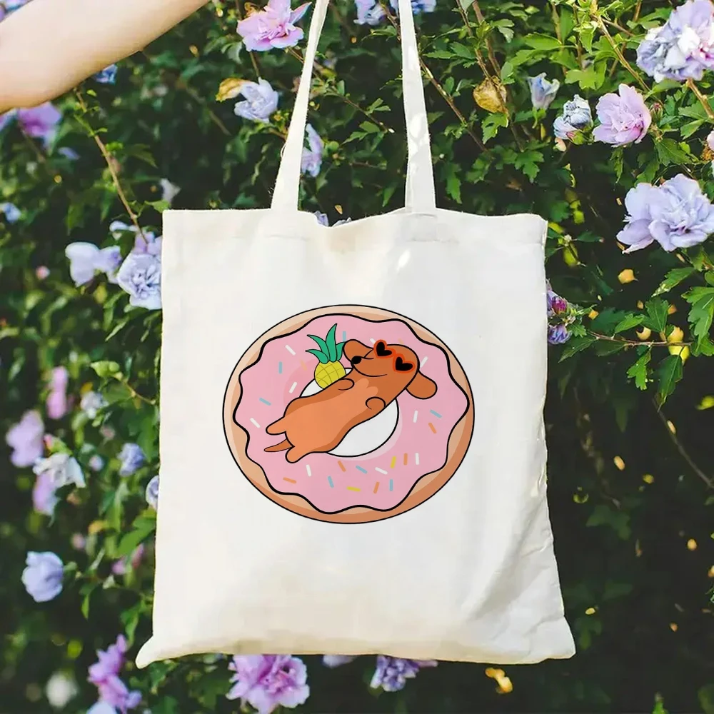 Aesthetic Dachshund Canvas Tote Bag Large Capacity Cute Wiener Dog Printed Reusable School Grocery Shopping Travel Shoulder Bag