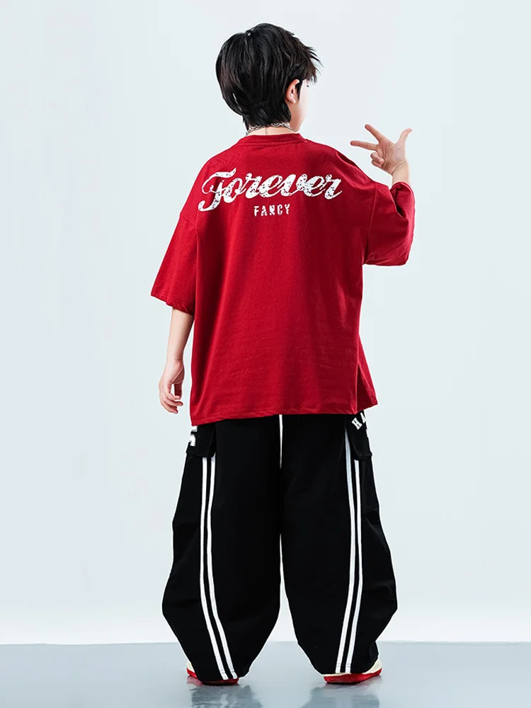 여자 힙합 세트 빨간 티셔츠 스트리트 댄스 블랙 느슨한 바지 소년 streetwear 어린이 볼룸 옷 어린이 재즈 의상