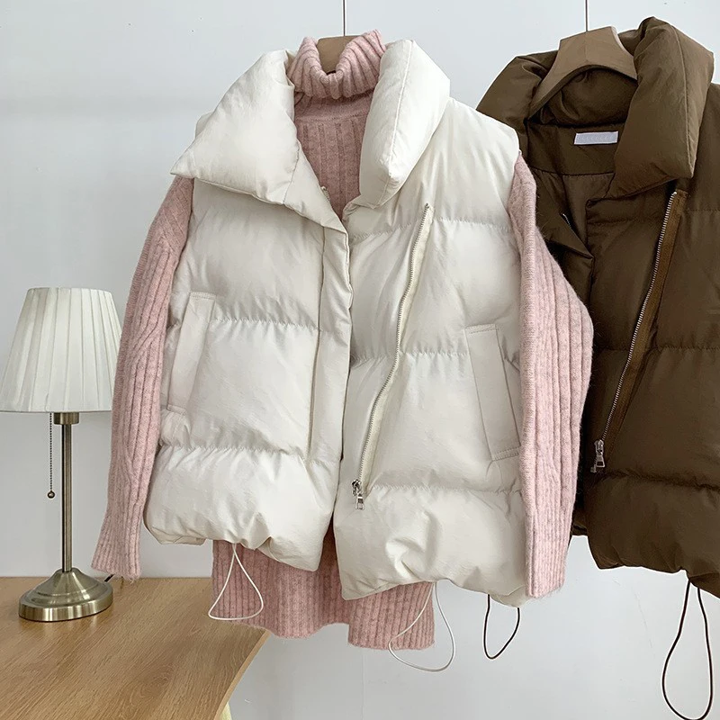 

Autumn Winter Cotton Vest Women Warm Coat Turn Down Collar Zip Sleeveless Jacket Overcoat Loose Drawstring Waistcoat Vest Coat