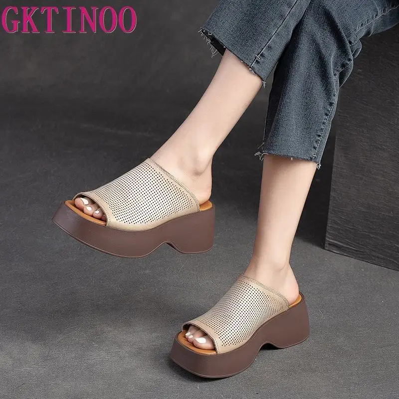 GKTINOO Genuine Leather Summer Shoes Women Slippers Wedges Outside Slides Leisure 2024 New Handmade Concise Ladies Slippers