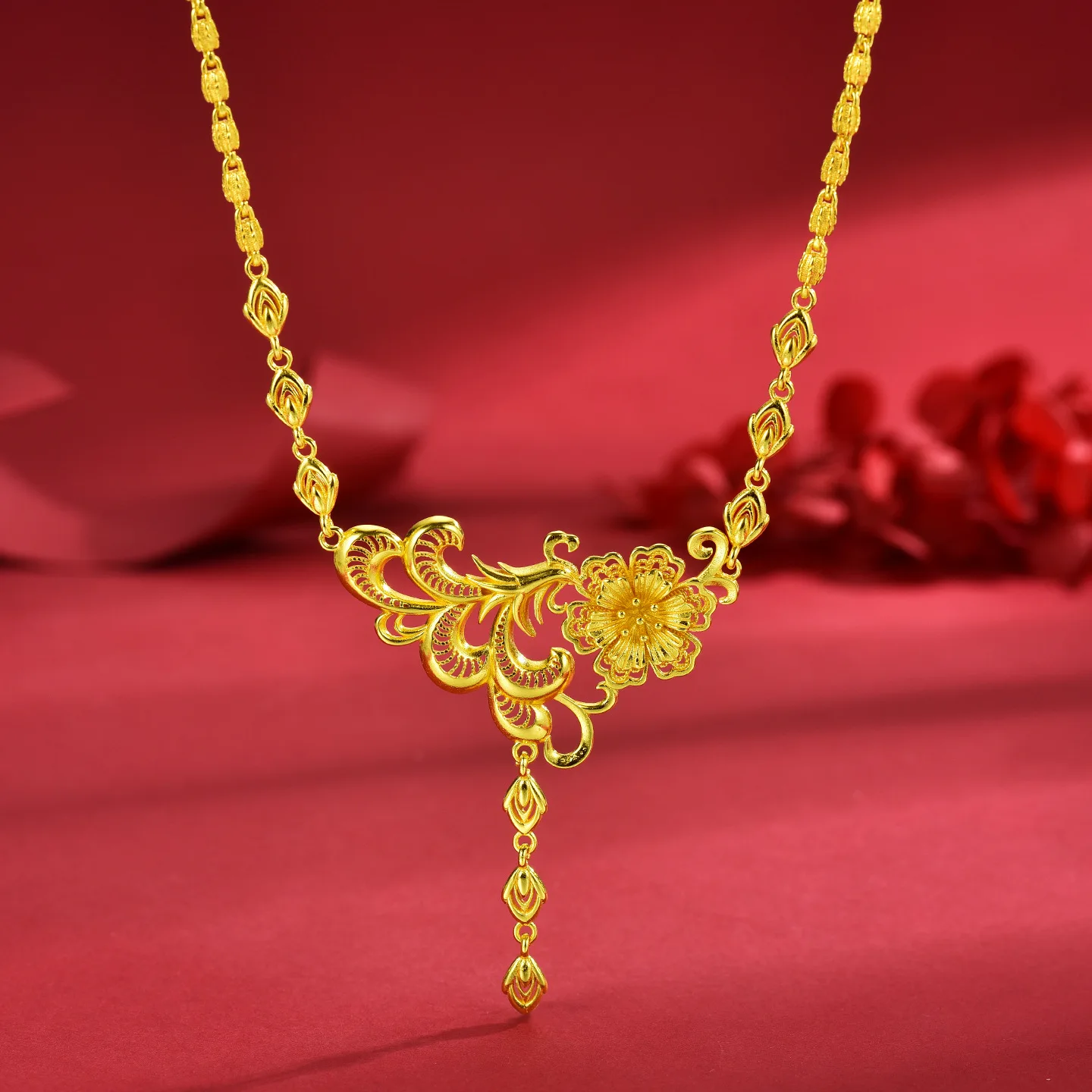 Luxury 24K 9999 Pure Gold real gold Phoenix Corolla Necklace Women's Clavicle Chain