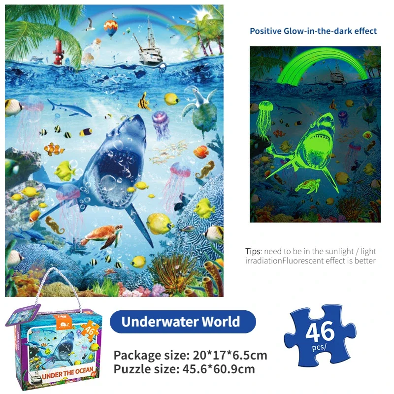 Noctilucent Floor Puzzle Luminous Puzzles Children's Educational Toys Glow in The Dark Dinosaur World Map Animal Ocean Shark