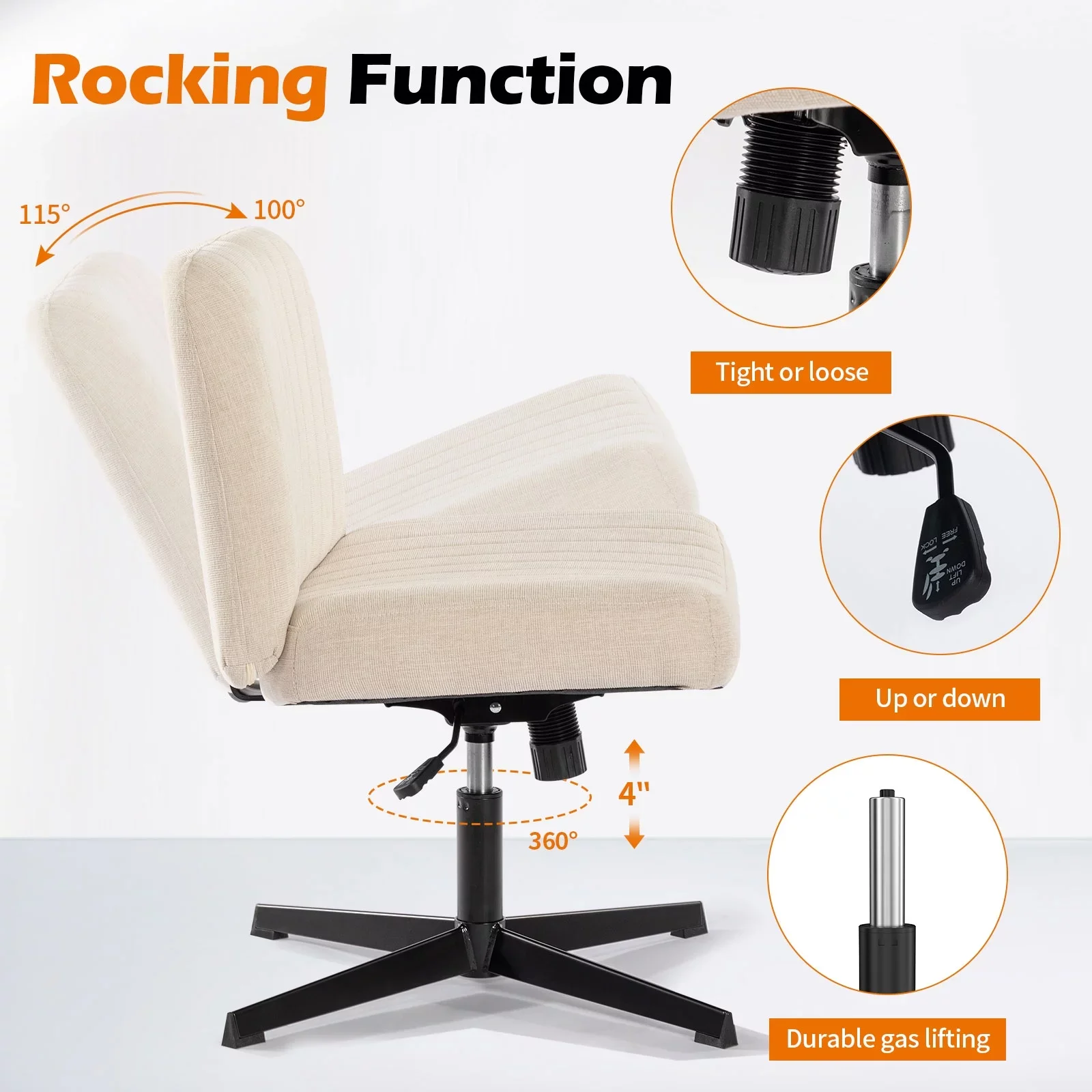 Office Chair Armless Desk Chair No Wheels, Fabric Padded Wide Seat Home Office Chairs, 115° Rocking Mid Back Cute Computer Chair