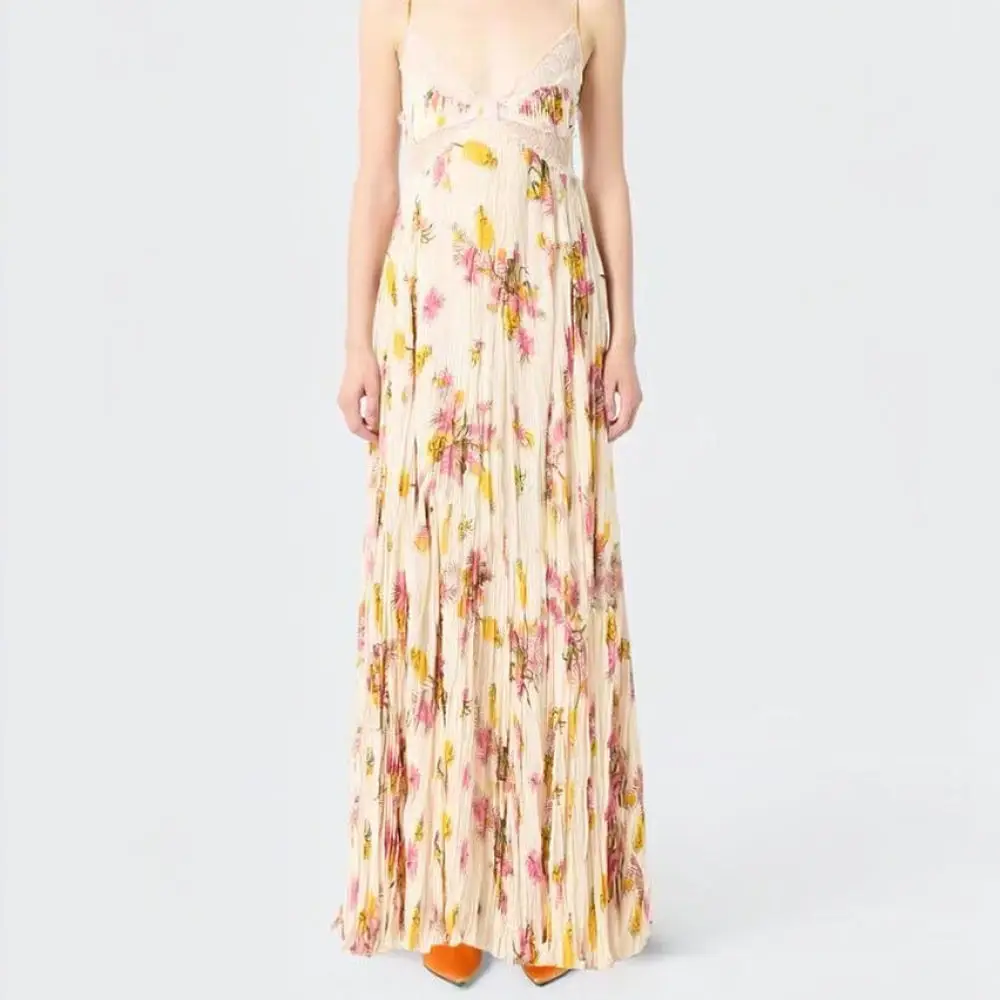 Women Summer French Floral Long Dress V Neck Backless Spaghetti Strap Elegant Vacation Beach Casual Fairy Maxi Gowns