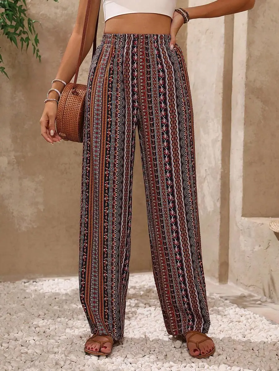

Women's Bohemian Print Wide Leg Trousers High Waist Loose Fit Casual Pants