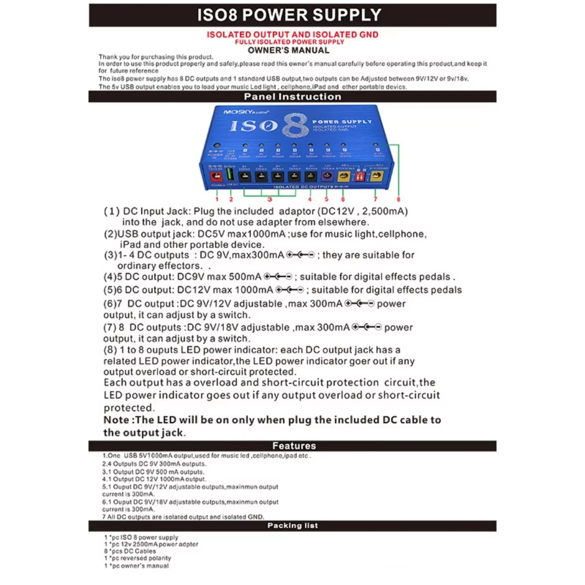 MOSKY ISO-8 Pedal Power Supply w/9-Channel Independent Short Circuit Protection/for Guitar Effect Pedal