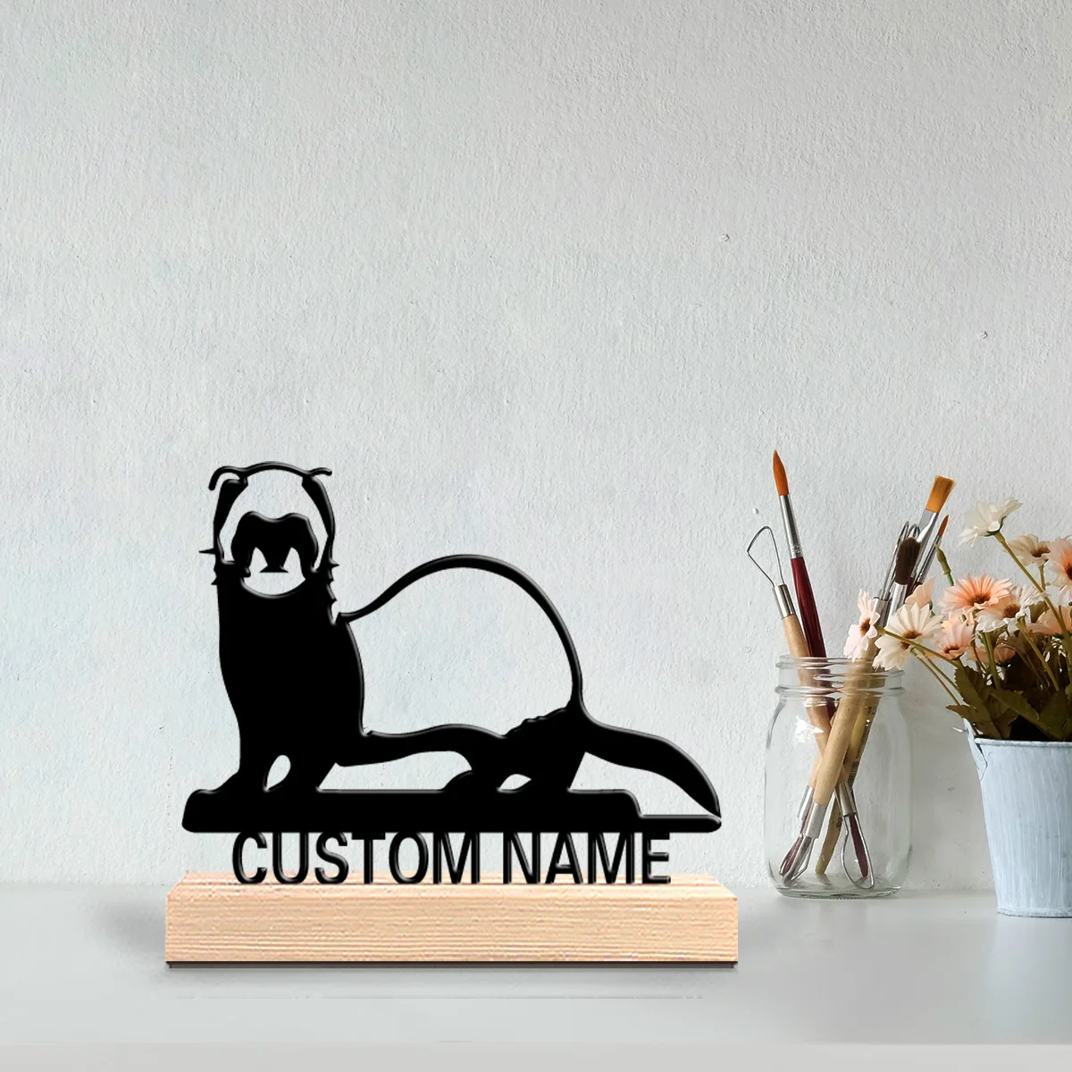 1pc Cute Personalized Custom ferret Metal Statues Wooden Base Wall Decor for Kitchen Dining Room Modern Rustic Home Style