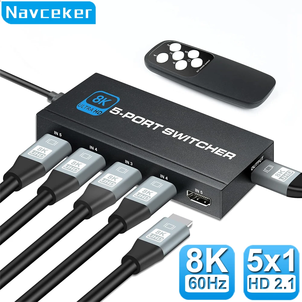 

Navceker HDMI 2.1 Switcher 8K 60Hz 4K120Hz HDMI-compatible Switch 5 in 1 Out with Remote Control Converter For Xbox PS5 Monitors