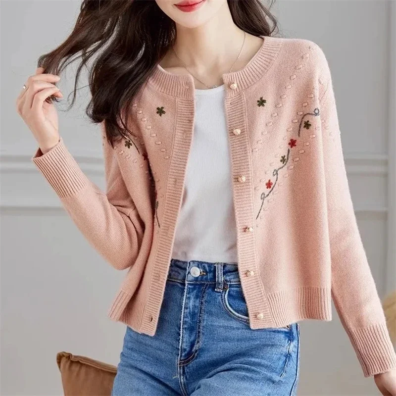 

Women Knitted Cardigan Sweater Jacket 2024 Spring Autumn Loose Short Ladies Sweater Coat Embroidery Korean Version Female Top