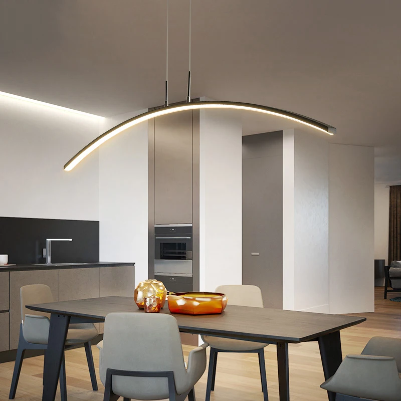 Remote Control ARC Shape White Black LED Hanging Lamp Modern Pendant Lights for Dining Room Bar Kitchen Lustre Pendant Lighting