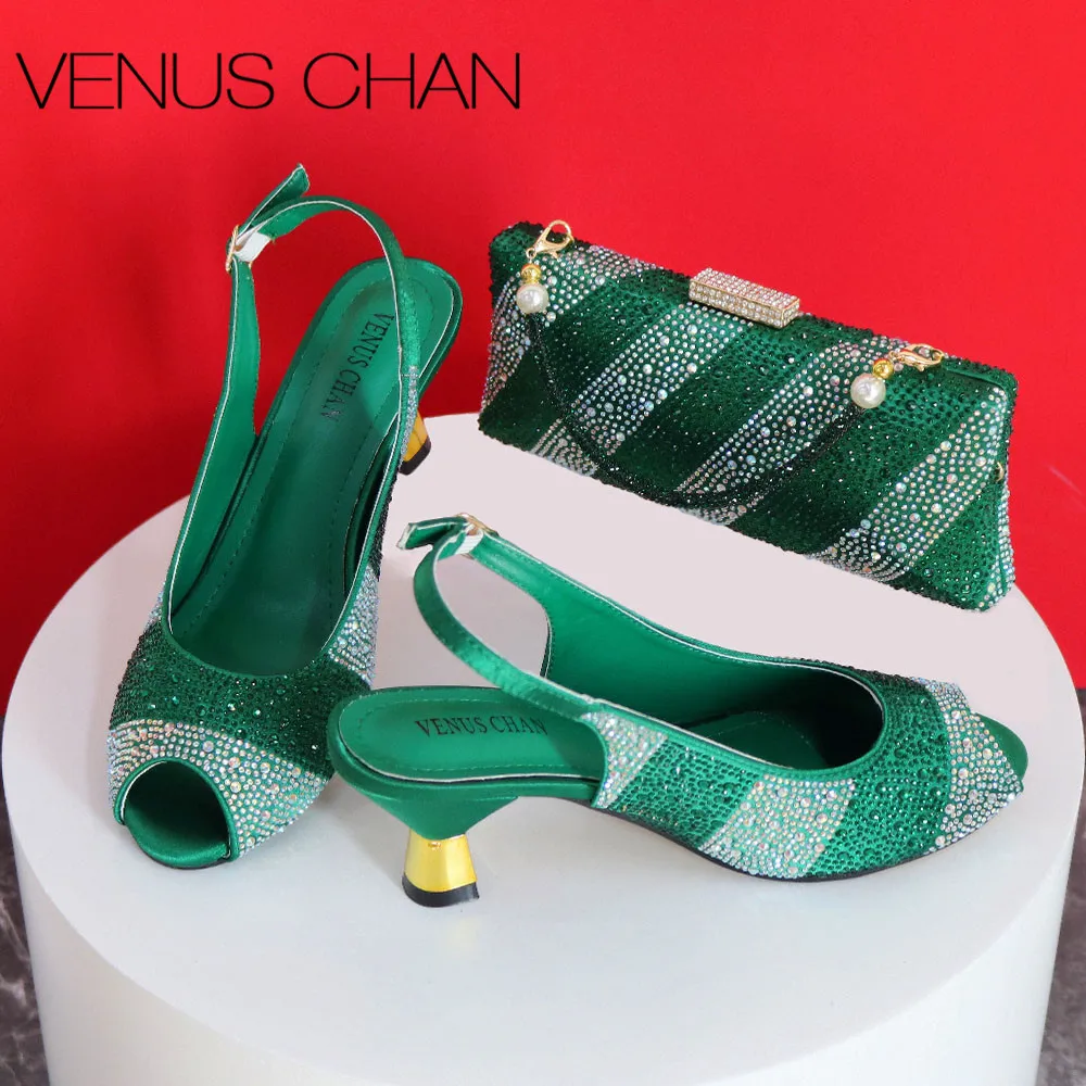 

Sexy Design Perfect 2024 Fashion Style Peep Toe Slingback Sandals with Rhinestones Bag Set in Green Color For Party Ladies