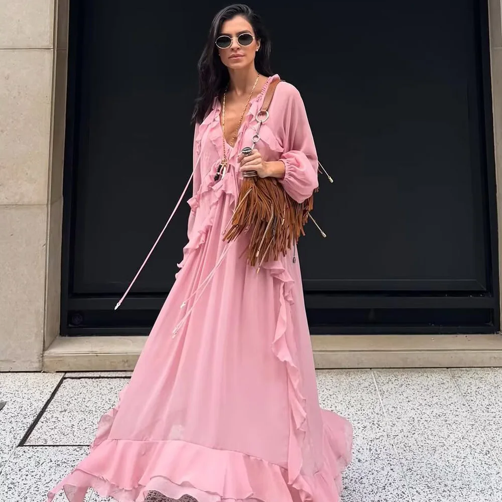 

2025 new women's casual and elegant design with European and American style layered ruffle edge V-neck long sleeved dress