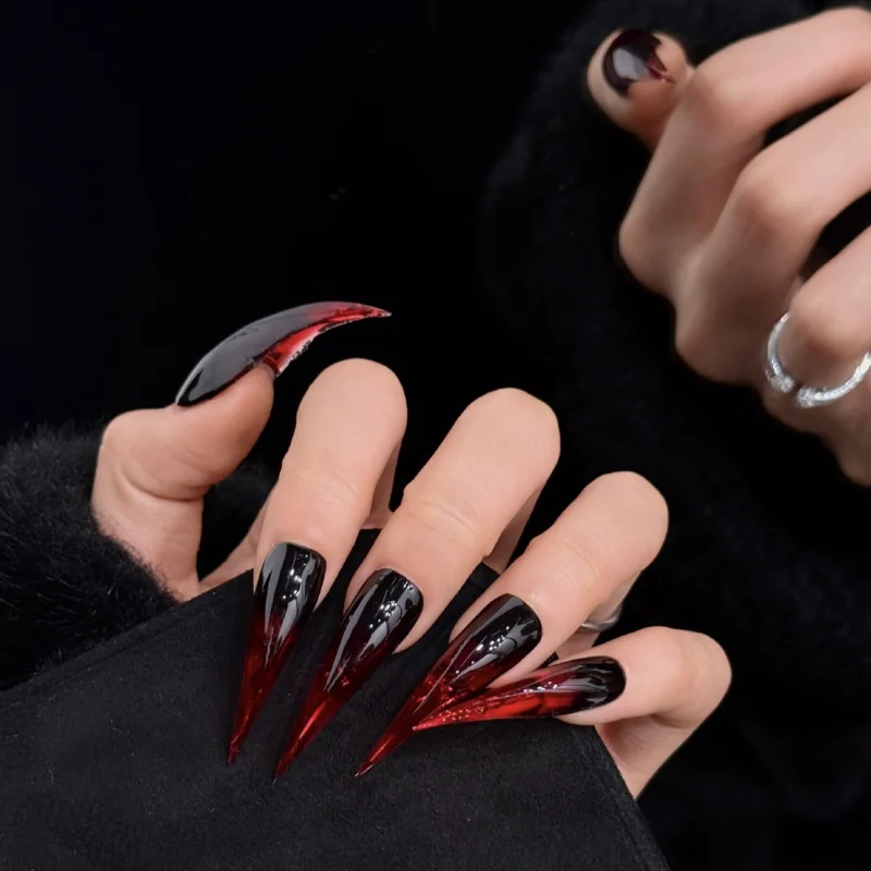 Extra Long Stiletto Press On Nails Black Red Gradient Transparent Fake Nails Gothic Vampire Sharp Tip Halloween Reusable False N
