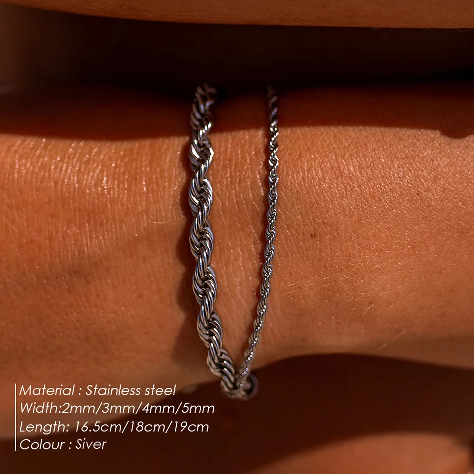 EMANCO 2/3/4/5MM Gedrehtes Seilkettenarmband für Damen und Herren Hip Hop Punk Silberfarben Edelstahl Modeschmuck – Detail 1
