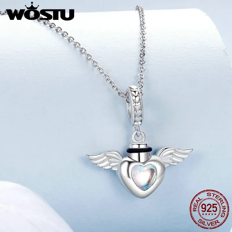 WOSTU 925 Sterling Silver Pet Memorial Urn Ashes Pendant Opened Heart Dangle Charm Paw Wings Fit Original Bracelet Customizable