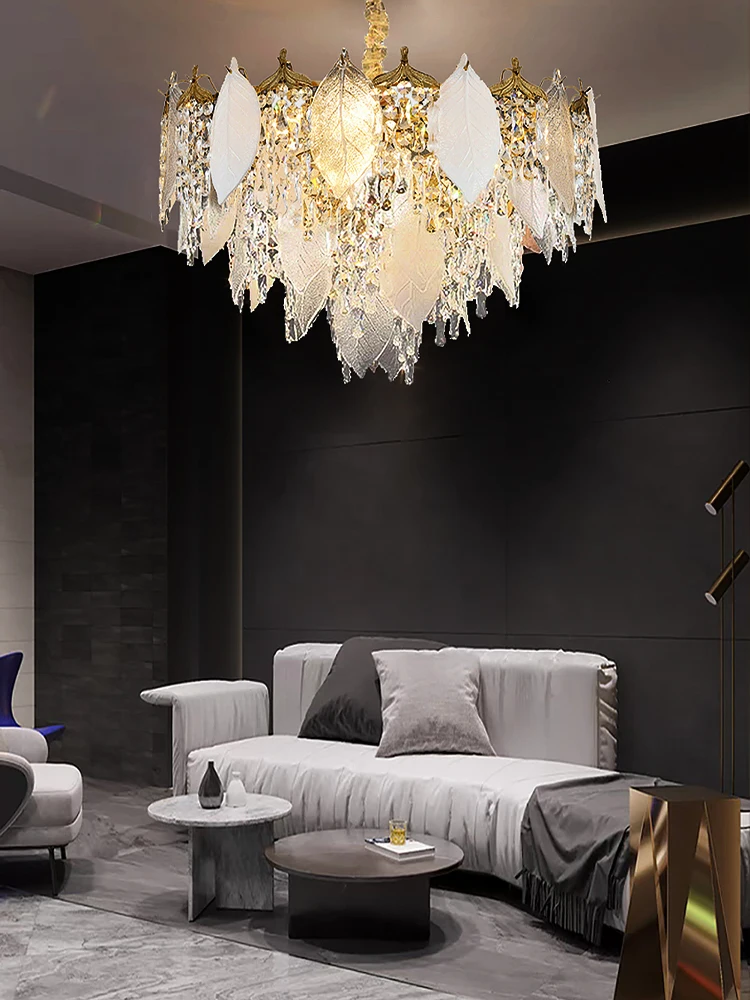 Porcelain Leaves Glass Chandeliers LED Crystal Hanging Lamps for Ceiling Modern Luxury Home Decor Light for Living Room Lustre