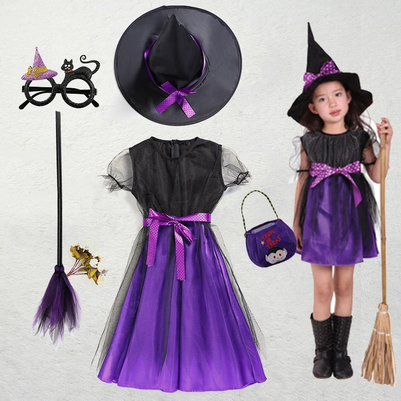 Girls Witch Halloween Costume Purple Black Tulle Dress Witch Hat Broom Candy Bag Holiday Party Fancy Dress Outfit