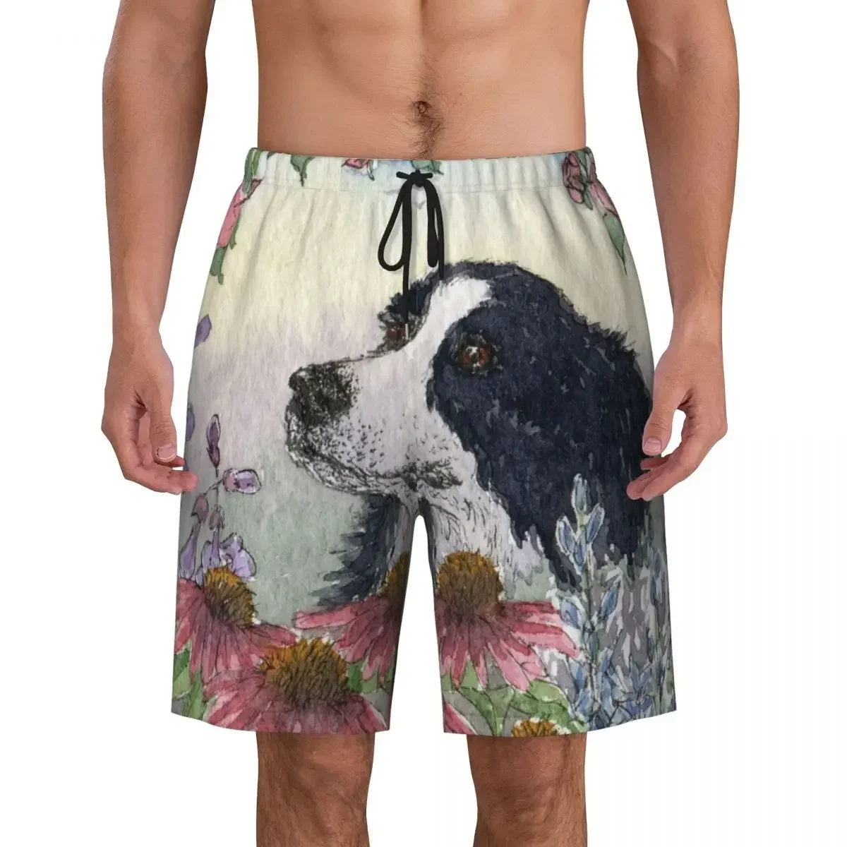 Cute Border Collie Dog Flower Board Shorts Men's Cool Beach Shorts Briefs Animal Pet Quick Dry Swimming Trunks