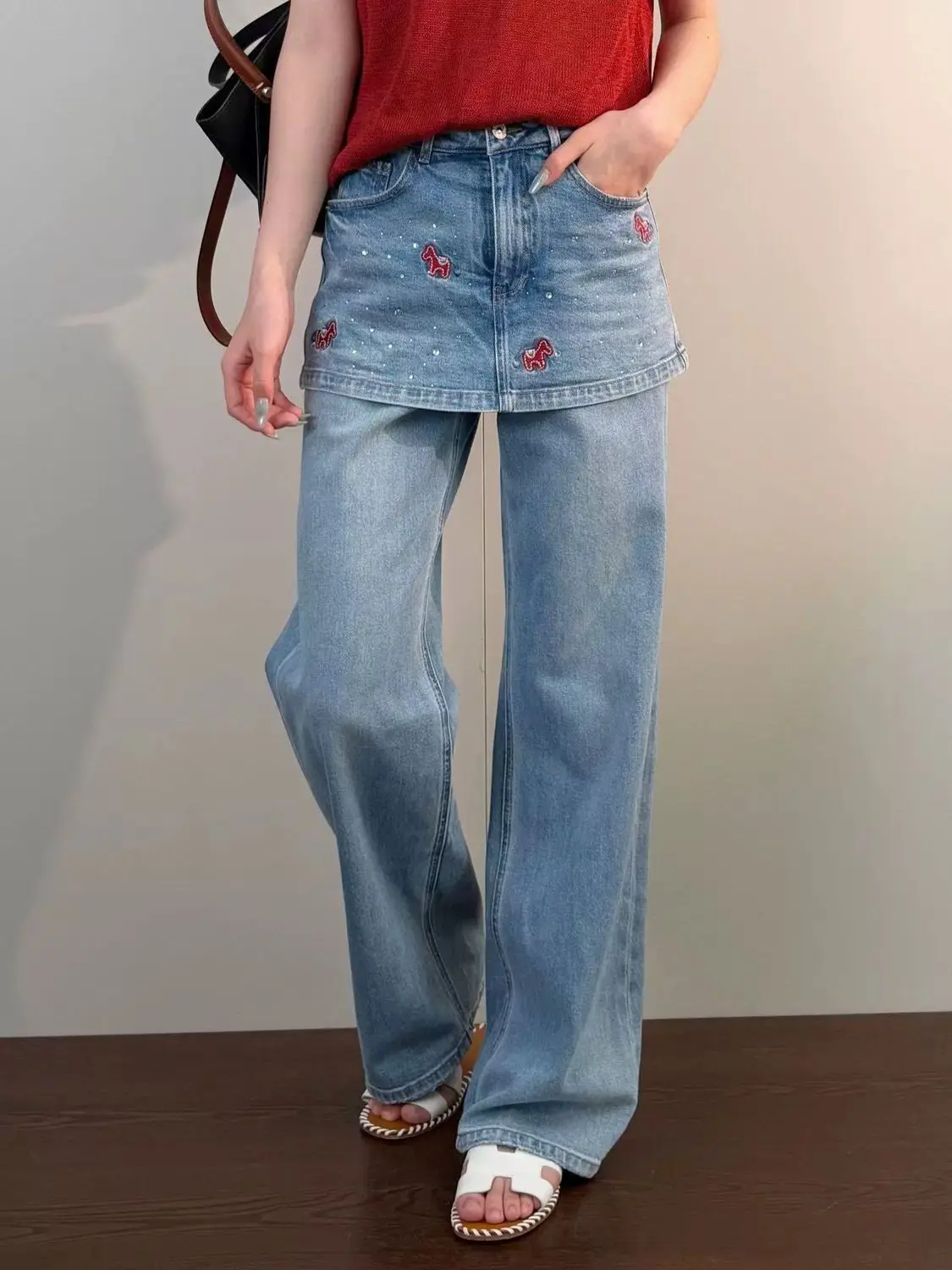 Y2K Fake Two Piece Jeans Blue Pony Hot Diamond Straight Leg Butt Curtain Versatile for American Women