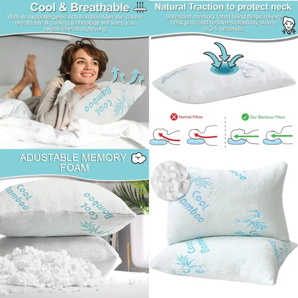 

Подушки Queen Size из бамбука, 2 шт., 20x30, с наполнителем из измельченной пены с эффектом памяти, регулируемые, с моющимся чехлом, снимают боль в шее, подходят для всех.