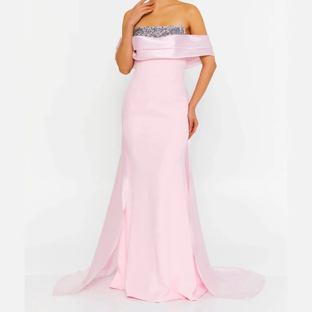 

Customized Mermaid Evening Dresses Floor-Length Off The Shoulder Sleeveless Prom Gown Fashion Sequined Pleat Backless Party Gown