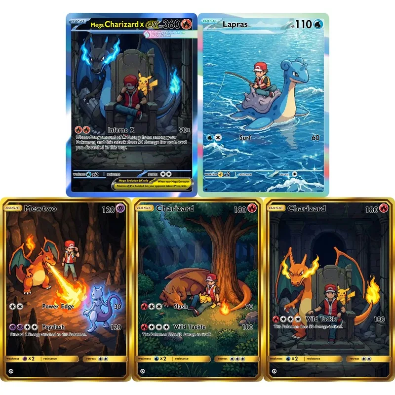 Cards Charizard Lapras Mewtwo PTCG Holographic Rare Collection Cards Mewtwo Creativity Game Anime Shining Mewtwo Cards Gift