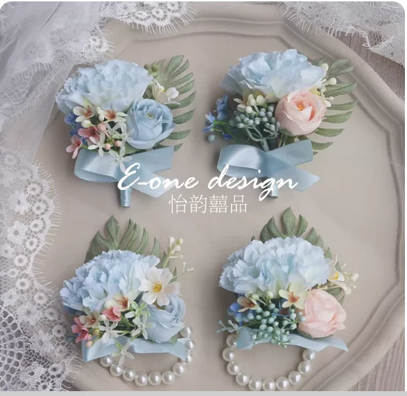 

Blue carnation wedding bride groom family bridesmaid groomsman corsage wrist flower opening ceremony