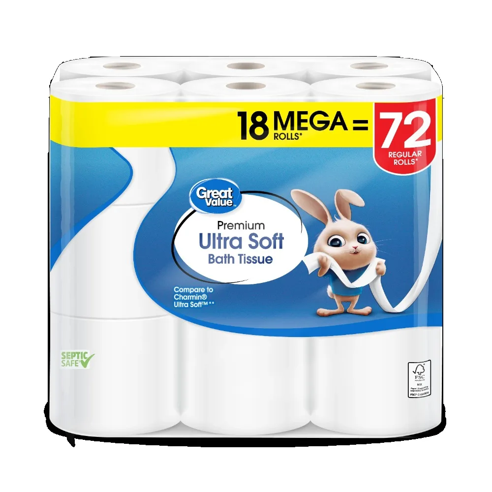 Great Value Ultra Soft Toilet Paper, 18 Mega Rolls Each roll has 244 sheets of 2-ply bath tissue