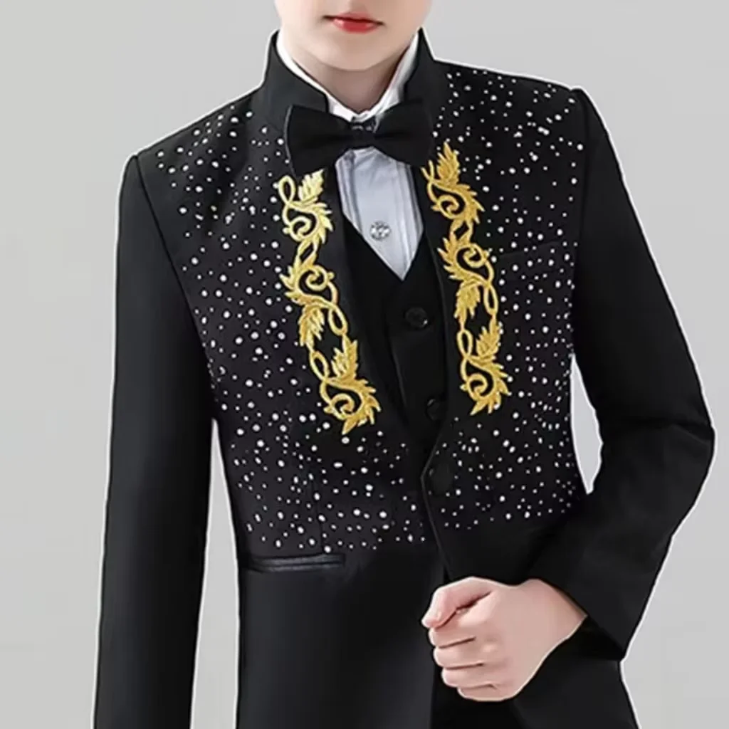 Ragazzi vestito nero vestito da ragazzo 3 pezzi Set Costume ricamato tempestato di diamanti vestito da festa formale bambini 3-16 anni Blazer di moda