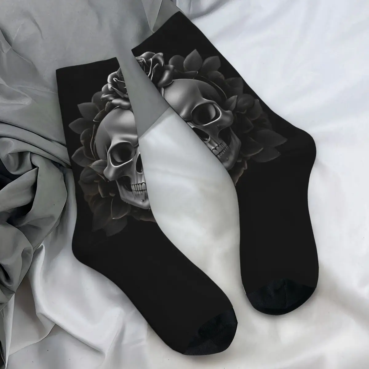 Calcetines monocromáticos de calavera y rosas de camuflaje, medias góticas de invierno, calcetines antibacterianos para parejas, calcetines cómodos estampados para monopatín