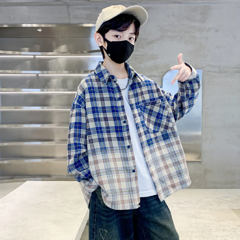 5-14 Years Teens Long Sleeve Plaid Shirt Boy Uniforms Teenage Tops School Kids Gradient Shirt Clothes Child Boy Autumn Blouse