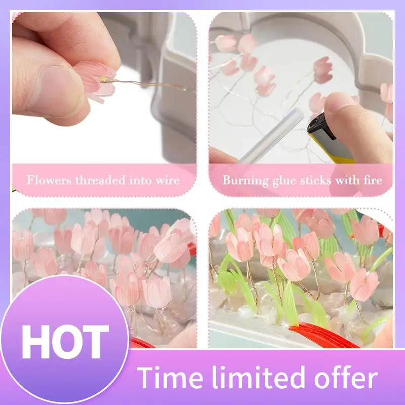 

B69C 2Sets Cloud Mirror Tulip Lamp Handmade DIY Tulip Night Light Simulation Flower Lights Room Decorations Easy Install Purple