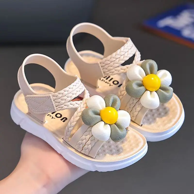 New Summer Children's One Word Flower Flat Sole Sandals Girls Soft Sole Non Slip Hook Outdoor Princess Sandals Beach Sandals