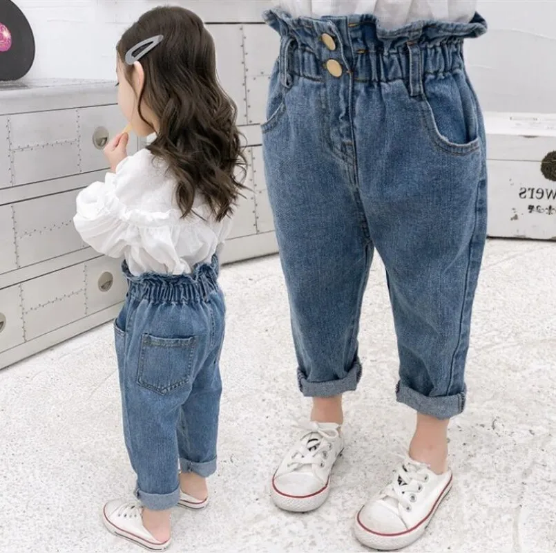 Spring Autumn New Girls High Waist Jeans trousers Cotton Casual Baby Feet Pants Teenager Denim Boys Jeans Clothes