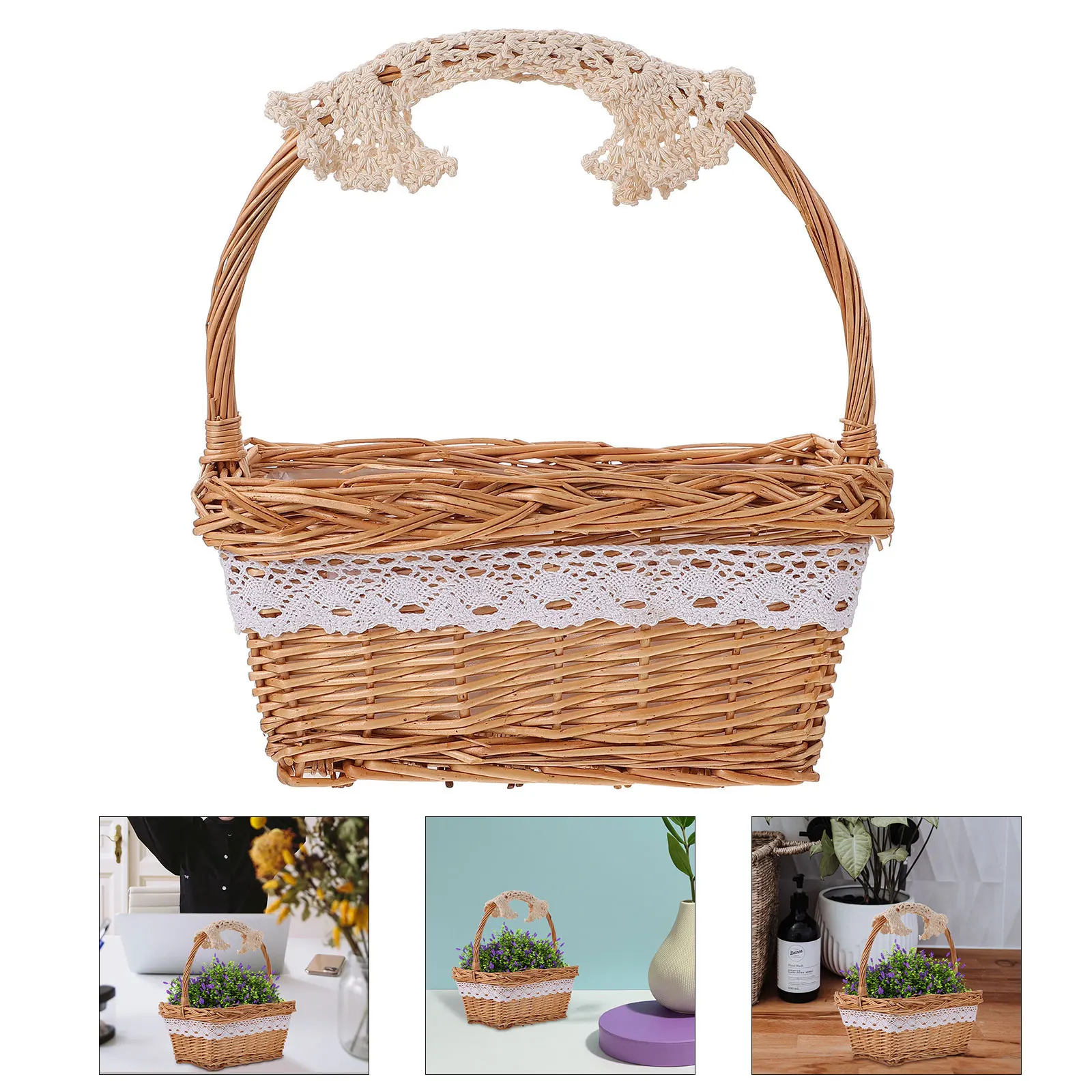 

Rattan H woven Flower Basket Multi functional Storage Container Decorative Woven Basket Fruit Vegetable Gift Packing Hamper H