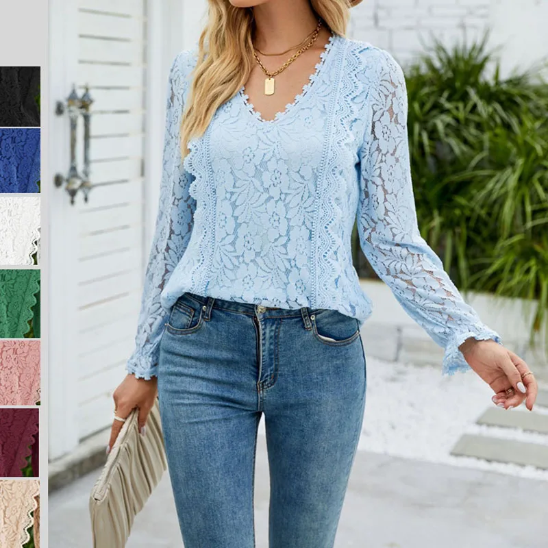 Lace Spliced V-Neck Long Sleeve Female Tops 2022 Autumn Winter Solid Color Fashion Elegant Hollow Out T-shirt Women\'s Clothing