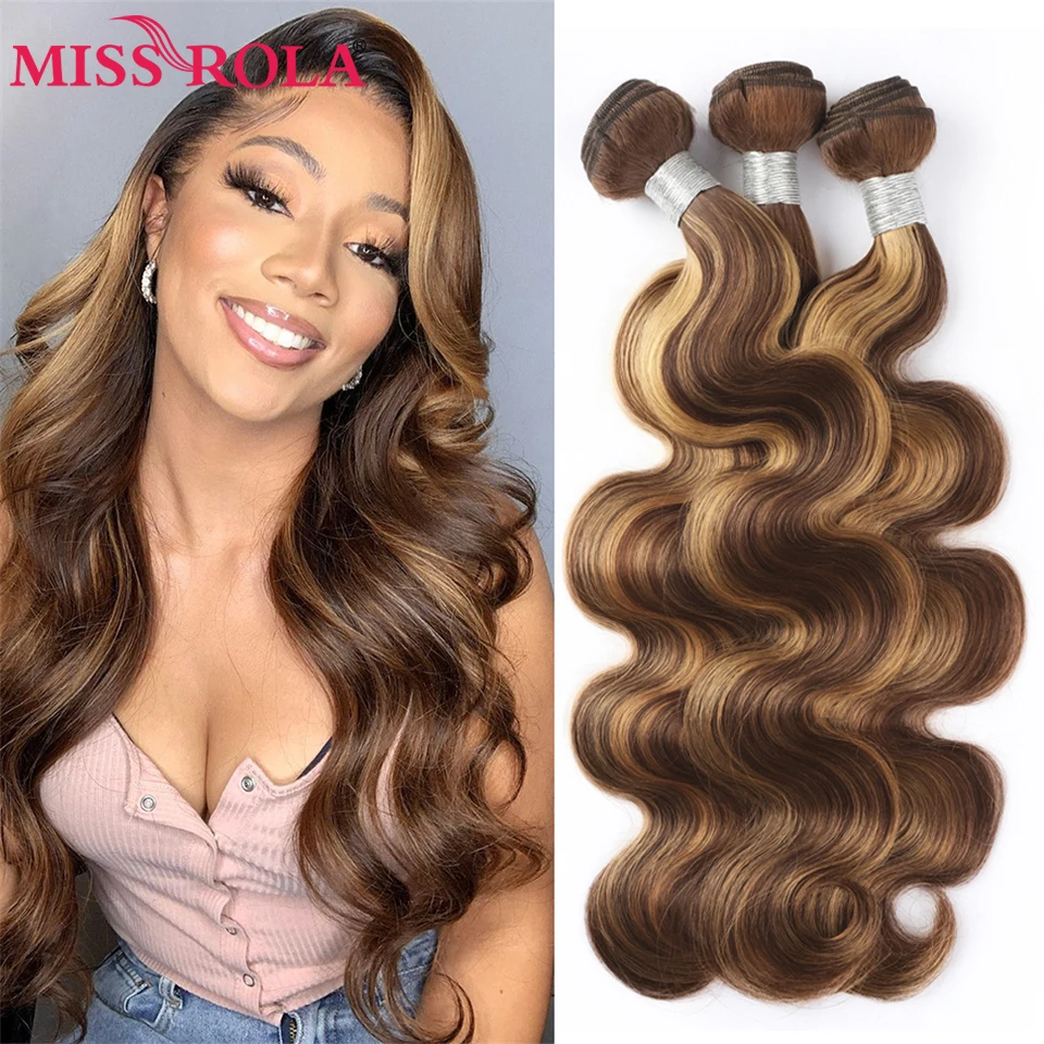 Miss Rola ekstensi rambut lurus/tubuh Brasil jalinan rambut manusia 1/2/3/4 bundel P4/27 Remy kain ganda untuk wanita