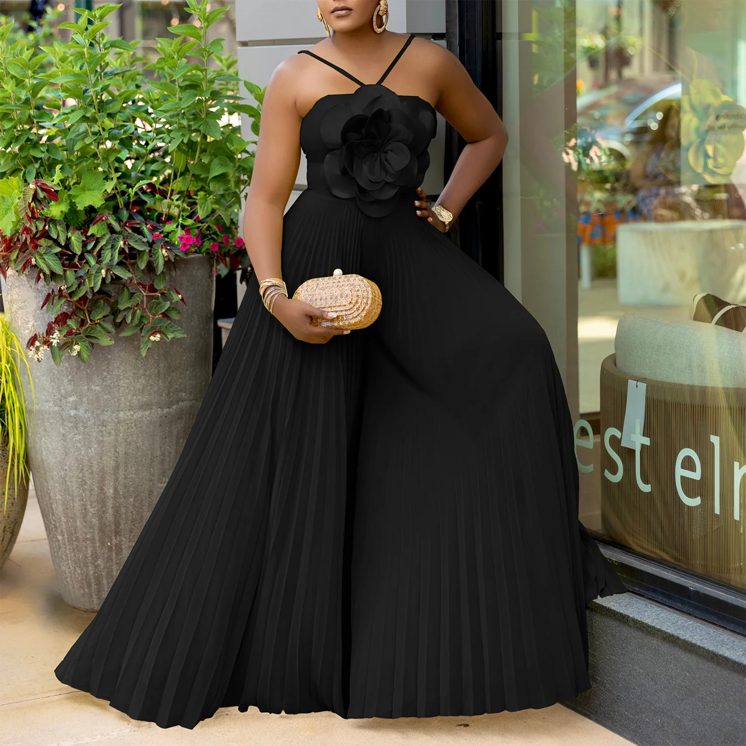 

Новый женский черный плиссированный комбинезон с 3D цветами, на бретельках, с широкими штанинами