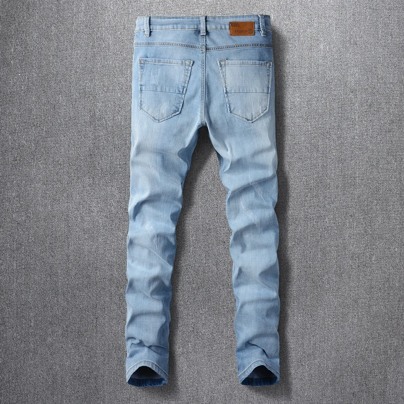 Newly Designer Fashion Men Jeans Retro Light Blue Elastic Slim Fit Ripped Jeans Men Patched Vintage Stretch Casual Denim Pants