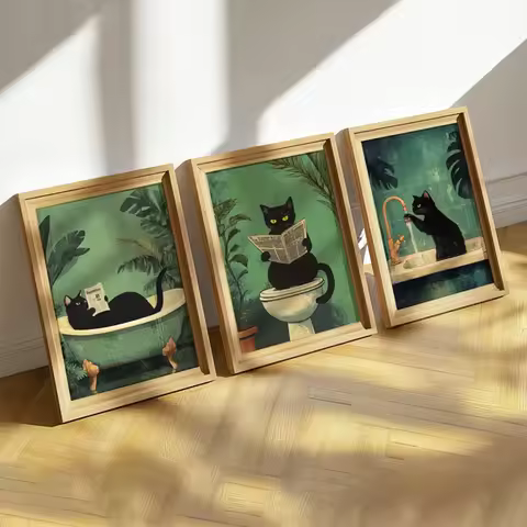 Green Funny Cat Funny Wall Art Bathroom Toilet Art Toilet Poster Modern Trendy Aesthetic Decorative Canvas Painting