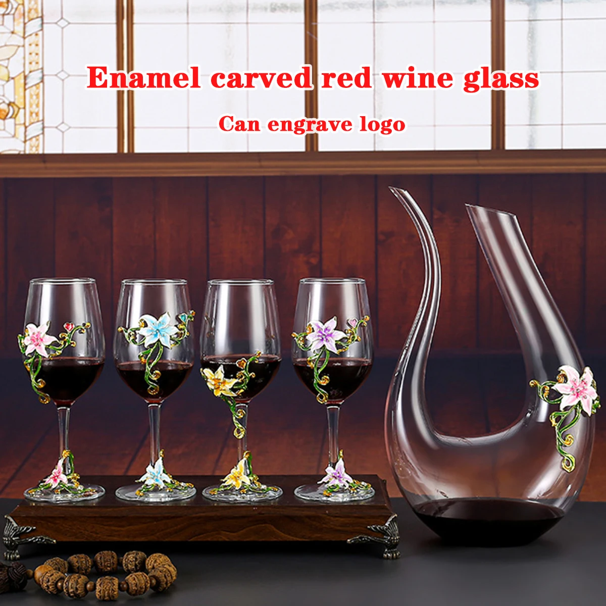 

(Can Engrave Logo) 350ML Enamel-carved Crystal Red Wine Glass Decanter Set, Wedding Cups, Can Match Gift Box