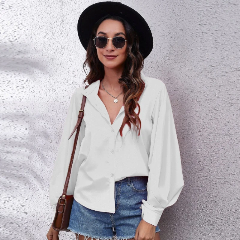 

Women Shirt Lantern Sleeve Blouse Fashion Chiffon Womens Tops 2023 Autumn Women Clothing Solid Ladies Tops OL Shirts and Blouses