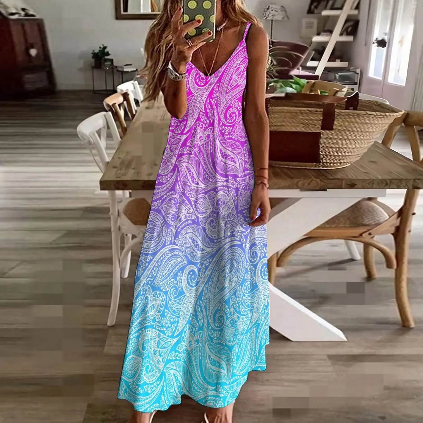 Pink to Blue Ombre Dress White Floral Paisley Street Style Boho Beach Long Dresses Spring Party Maxi Dress Custom Vestido Gift