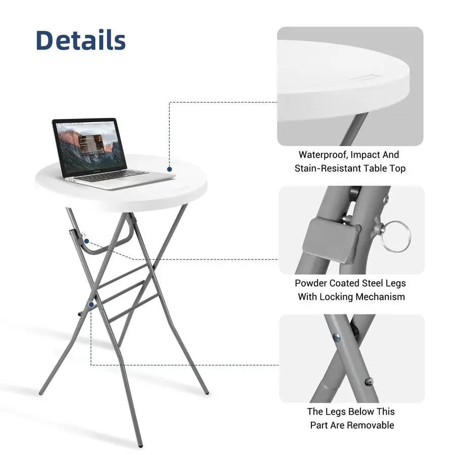 Stół okrągły składany wysoki, do użytku wewnątrz i na zewnątrz, z odpinanymi nogami, wysoki stół barowy składany, idealny na przyjęcia, na patio.