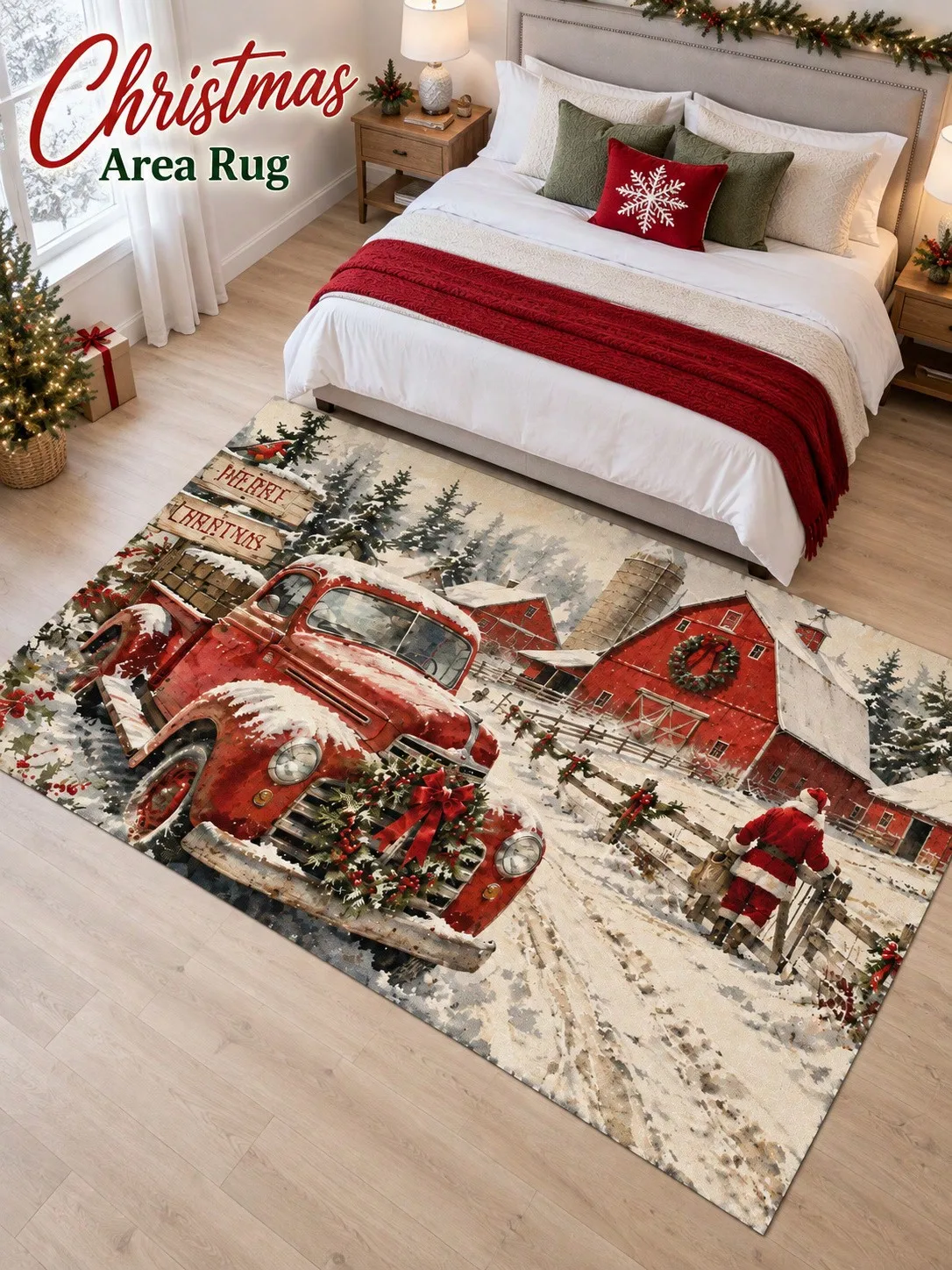 Christmas Rug Pickup Truck Barn Santa Living Room Bedroom Entryway Hallway Floor Carpet Gift for Family Friends Neighbors Winter Thanksgiving Birthday Anniversary Housewarming Apartment Cottage Home Styling Sofa Side Reading Nook Holiday Gathering