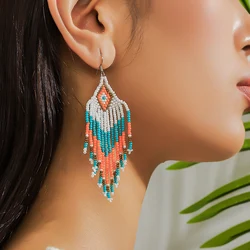 Retro Boho Water Drop Earrings Red Blue Rice Beads Dangle Tassels Earrings For Women Exaggerated Ethnic Style Earrings Jewelry