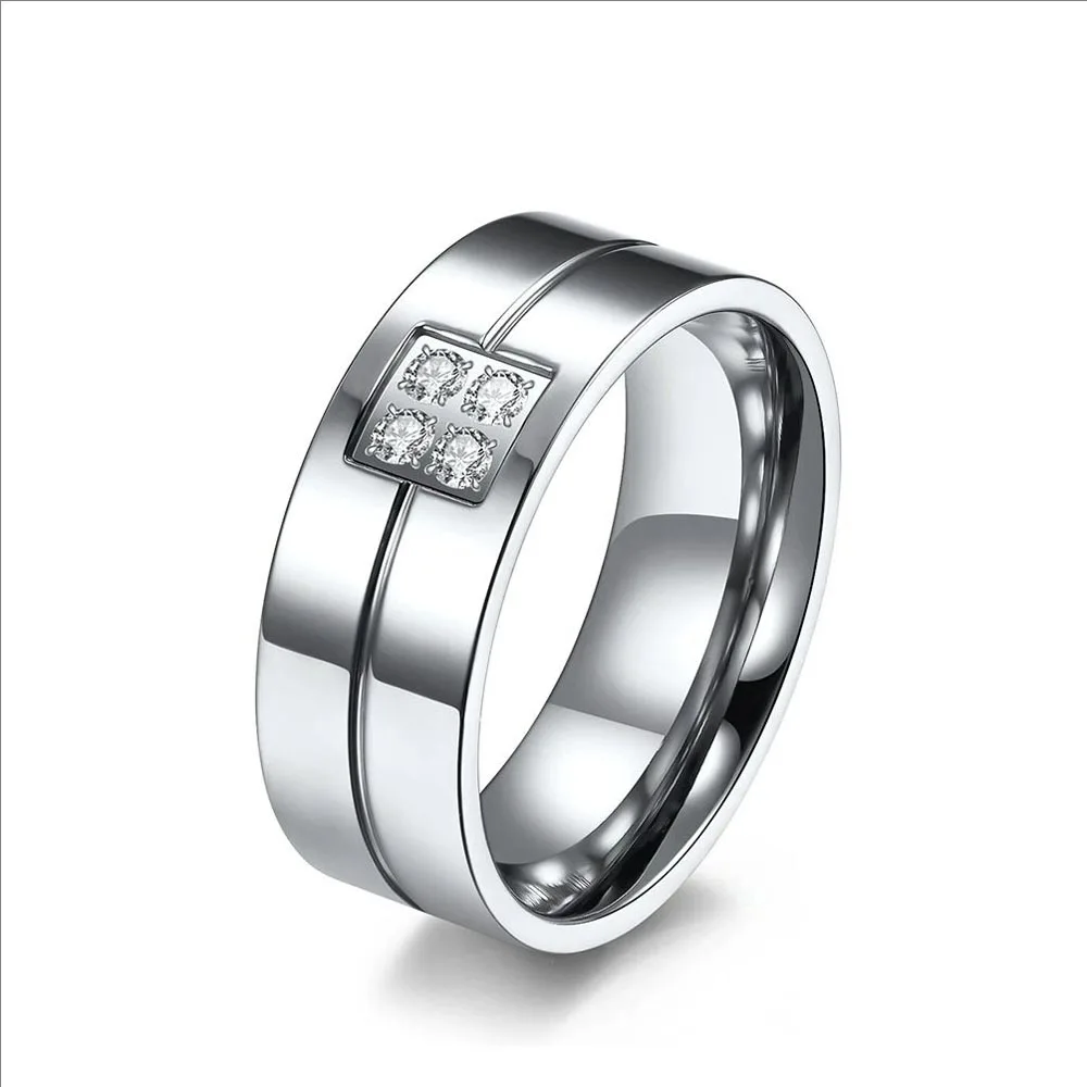 Stainless Steel Men Women Trendsetter Bling CZ Zirconia Round Finger Ring Simple Wedding Rings For Girls