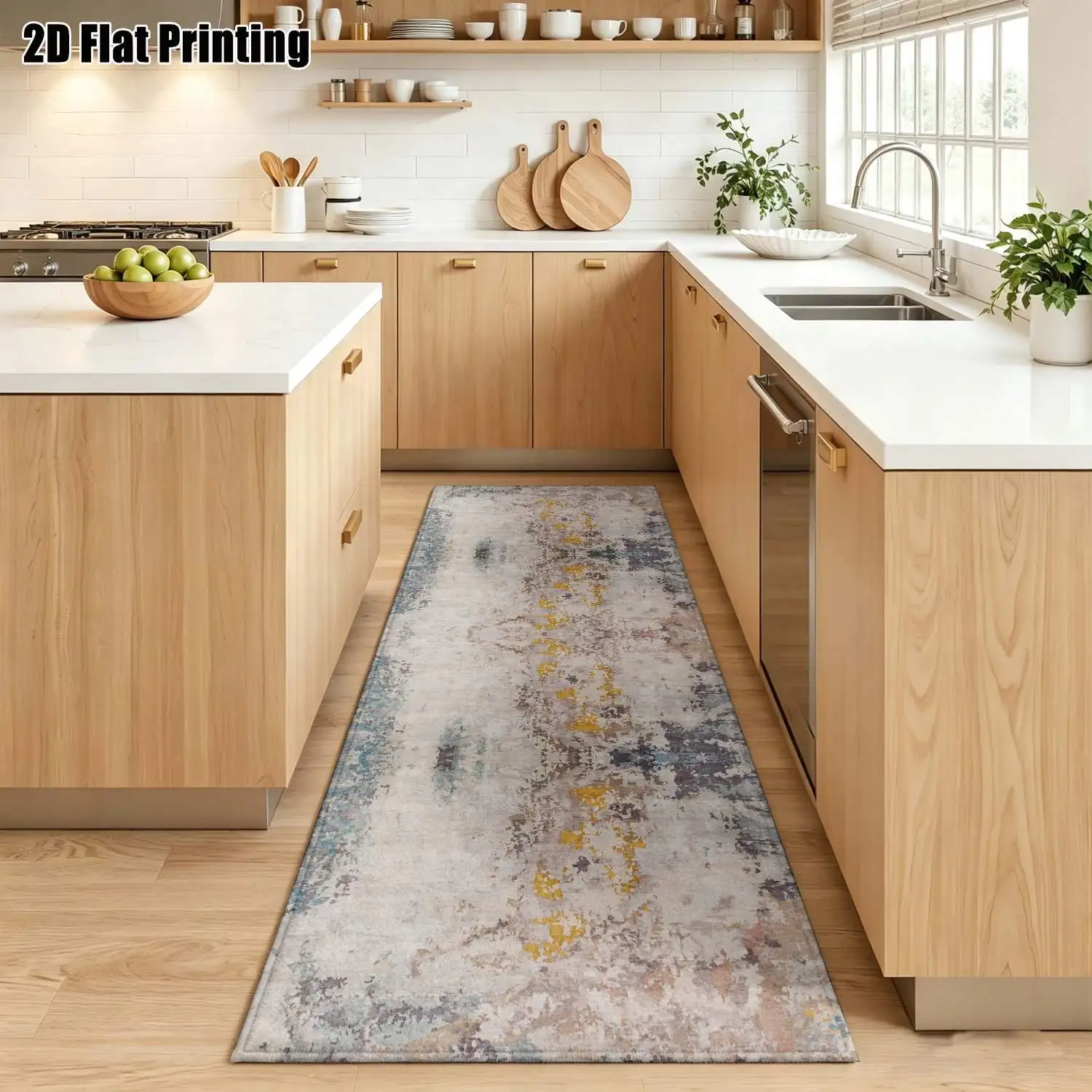 1Pc 2D Printed Strip Rug: Blue-Grey-Yellow Abstract Line, Nordic Style, Multi-Size Machine Washable Home Decor Rug for Entryway, Corridor, Living Room, Bedroom