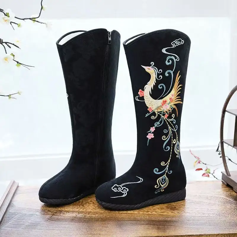 

Women Knee High Embroidered Boots Autumn Winter New Increased Internal Plush Keep Warm Ethnic Style High Top Zippers Hanfu Boots